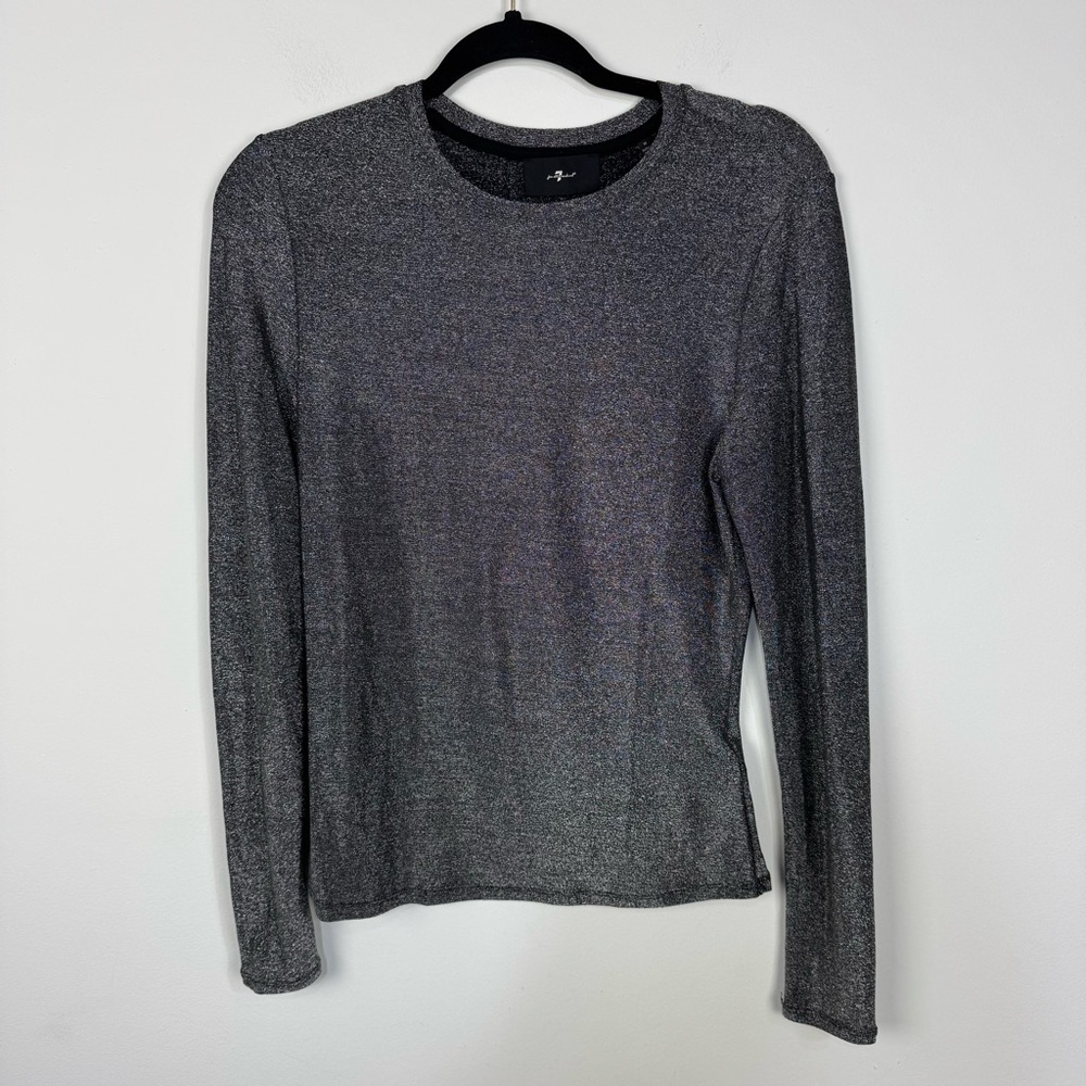 7 For All Mankind Silver Long Sleeve Fitted Scoop Neck Shirt New Year's Eve